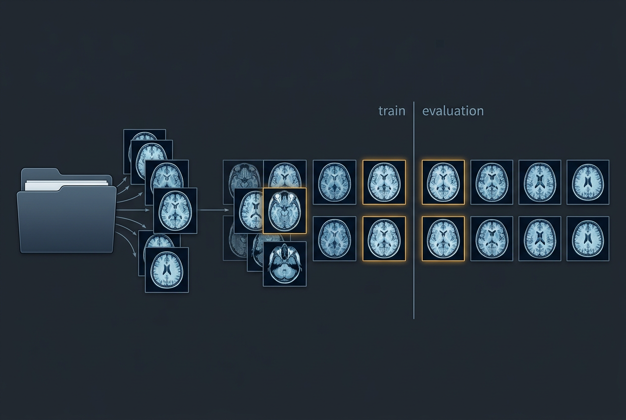 An MRI data pipeline in which duplicate scan tiles appear on both sides of a train and test boundary, illustrating patient overlap leakage